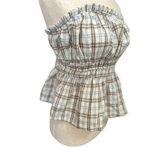 Haute Monde Boho Blue Plaid Strappless Smocked Cropped Peplum XL Cottagecore